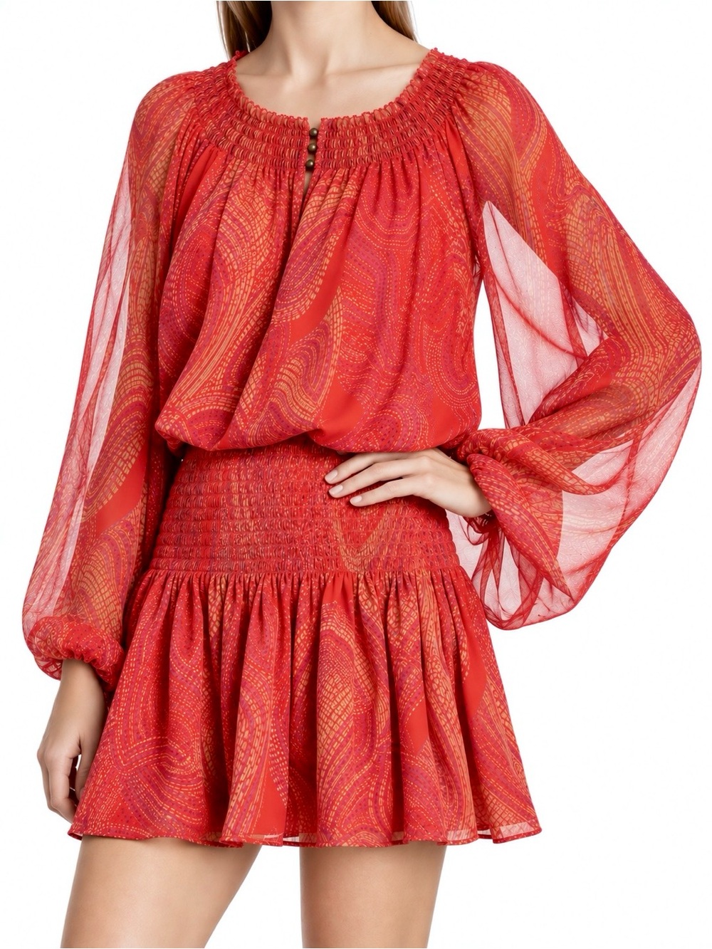 Ramy Brook Red Orange Paisley Smocked Mini Dress Size M